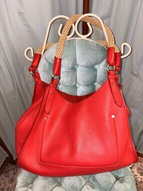 Cole Haan Red Leather Tote Bag Large Pebbled Leather Shoulder Bag Rope Handles